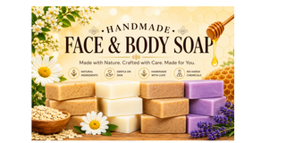 BeesOline Handmade Face & Body Soap collection banner featuring stacked artisan soap bars in natural, oatmeal, and lavender varieties, surrounded by honeycomb, flowers, oats, and honey accents on a warm golden background.